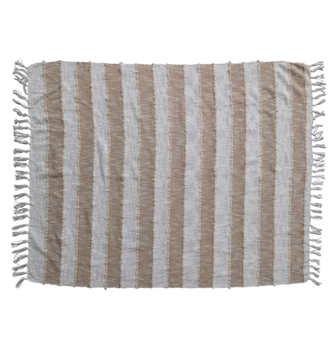 Woven Cotton Throw w/ Stripes & Fringe, Tan Color & Natural