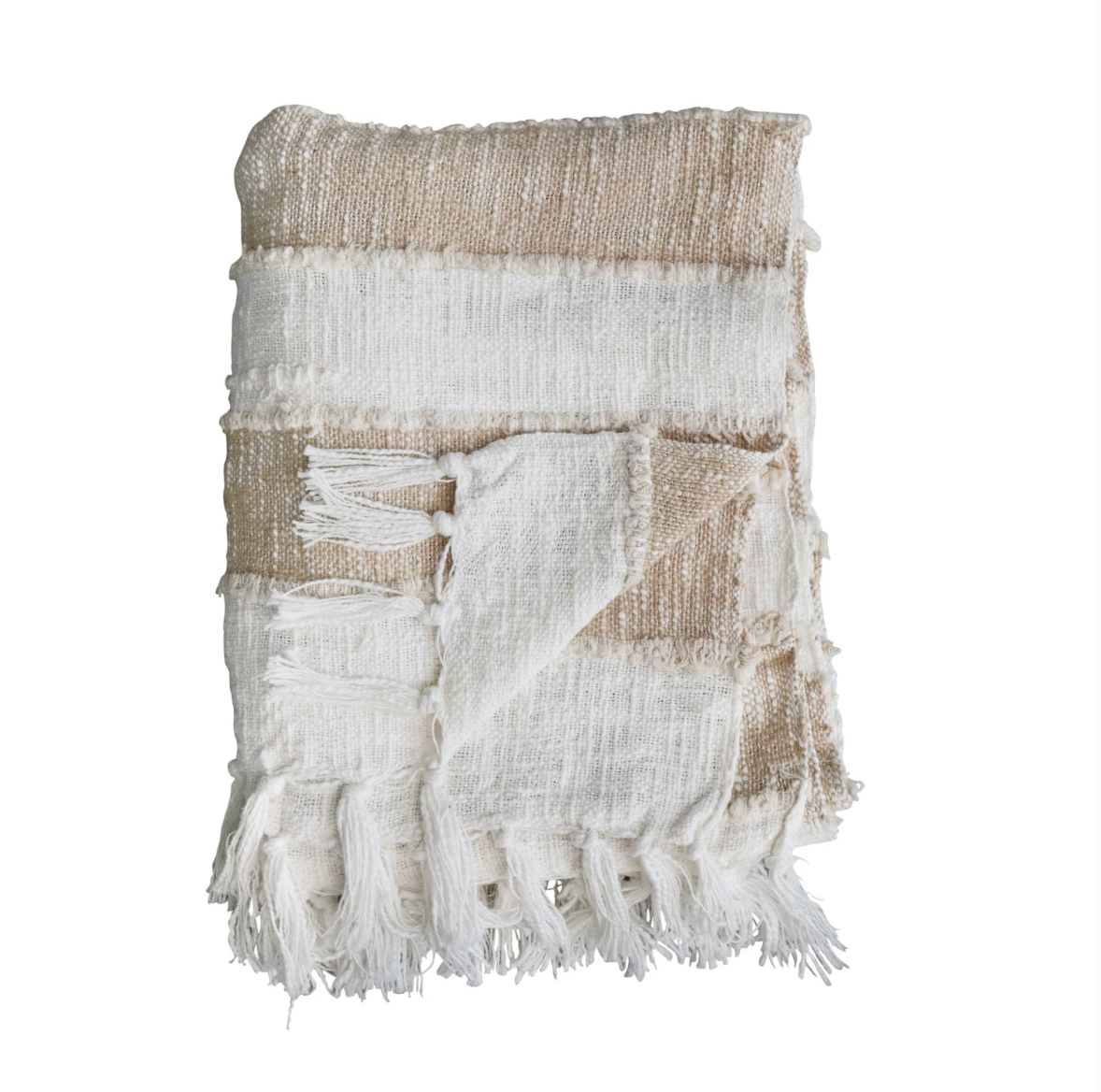 Woven Cotton Throw w/ Stripes & Fringe, Tan Color & Natural