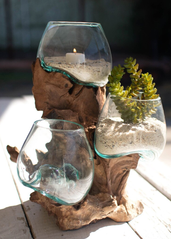 Three Blown Glass Bowls on a Driftwood Base