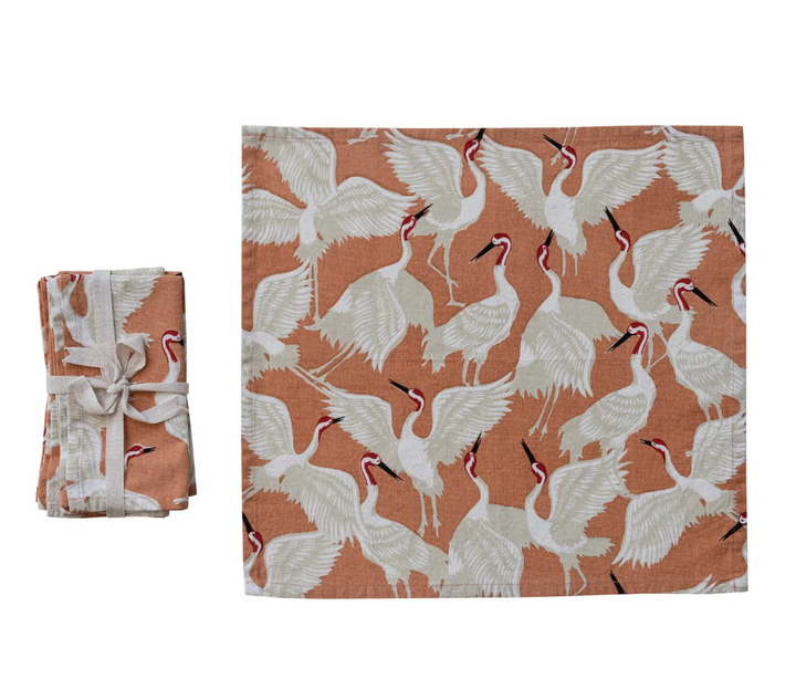 18" Square Cotton Printed Napkins w/ Crane Pattern