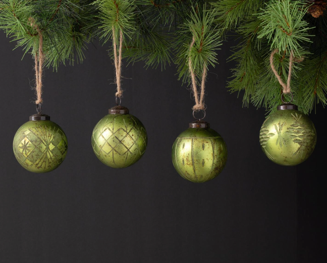 Green Etched Glass Ornaments-Assorted Styles