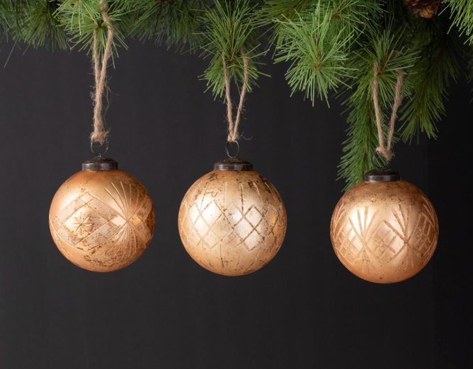 Rustic Rose Gold Etched Glass Ornaments-Assorted Styles