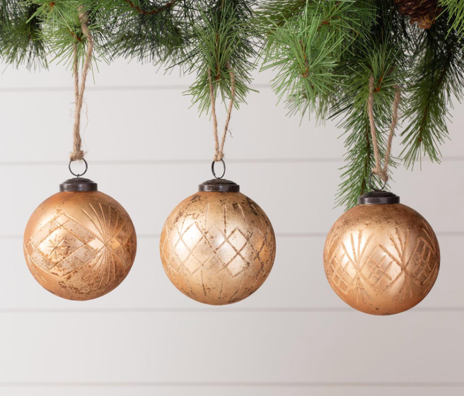 Rustic Rose Gold Etched Glass Ornaments-Assorted Styles