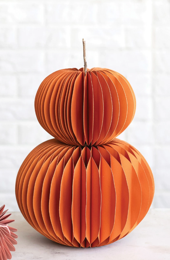 Recycled Paper Folding Honeycomb Pumpkin w/ Dried Natural Twig Stem
