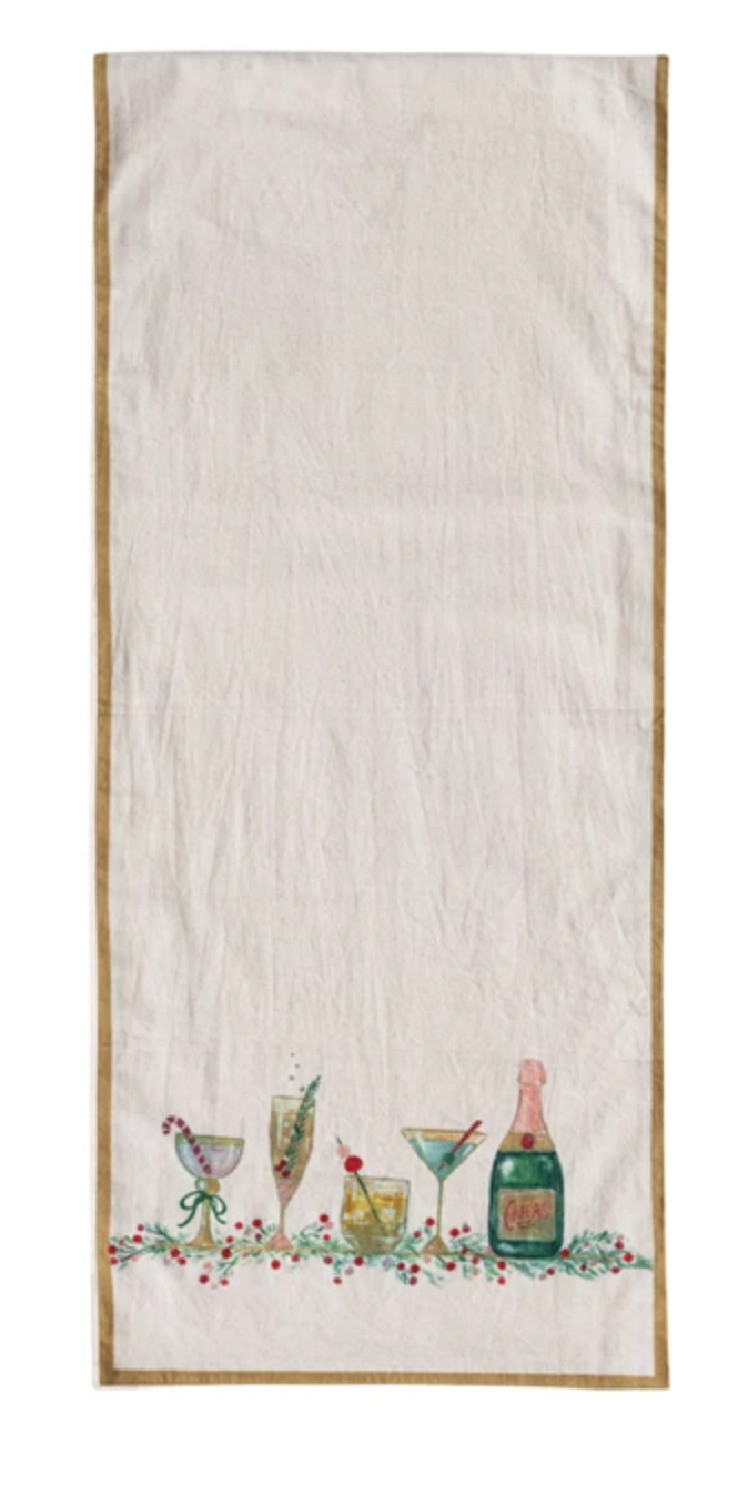 Cotton Printed Table Runner w/ Holiday Cocktails & Gold Trim