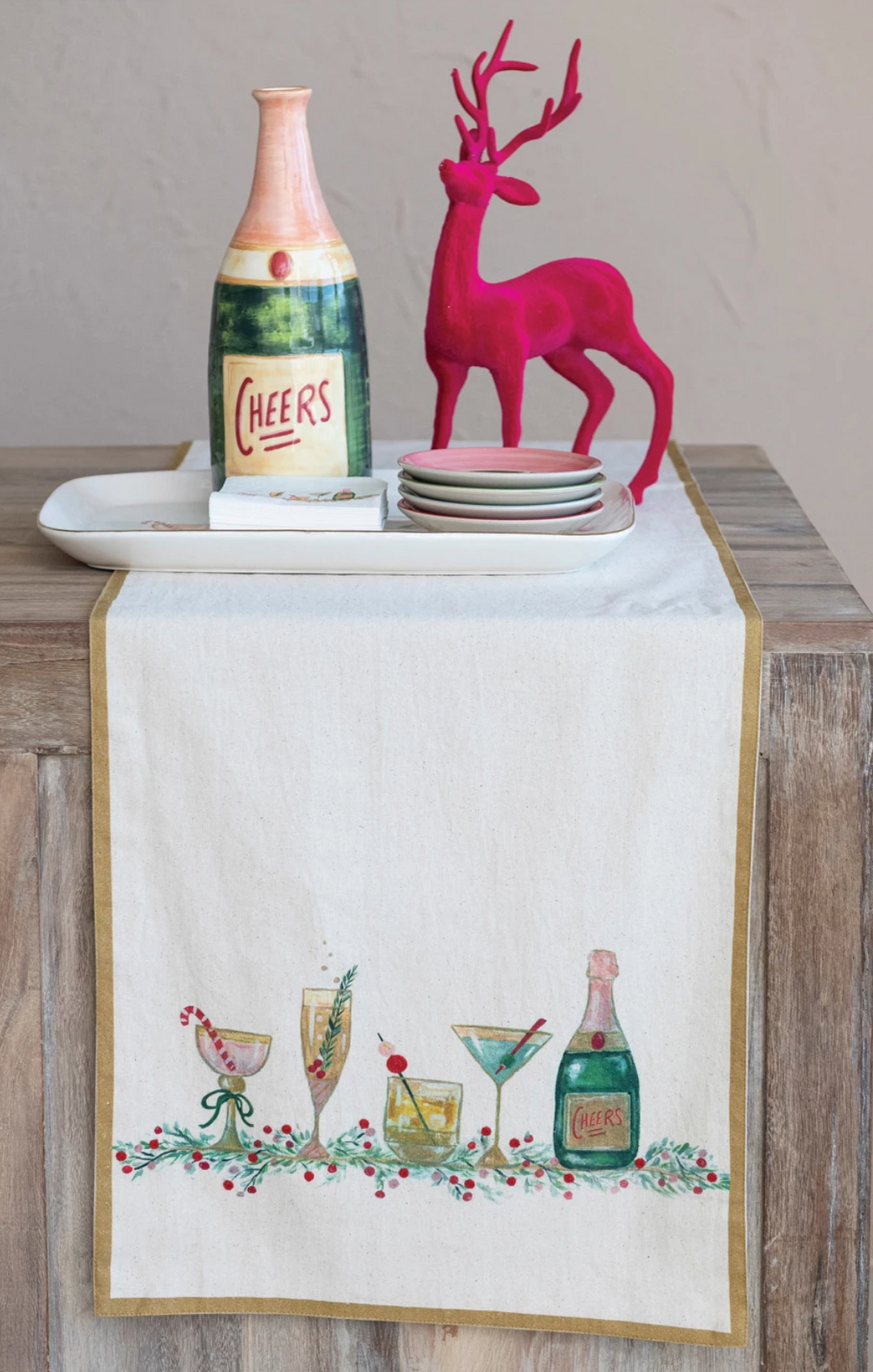 Cotton Printed Table Runner w/ Holiday Cocktails & Gold Trim
