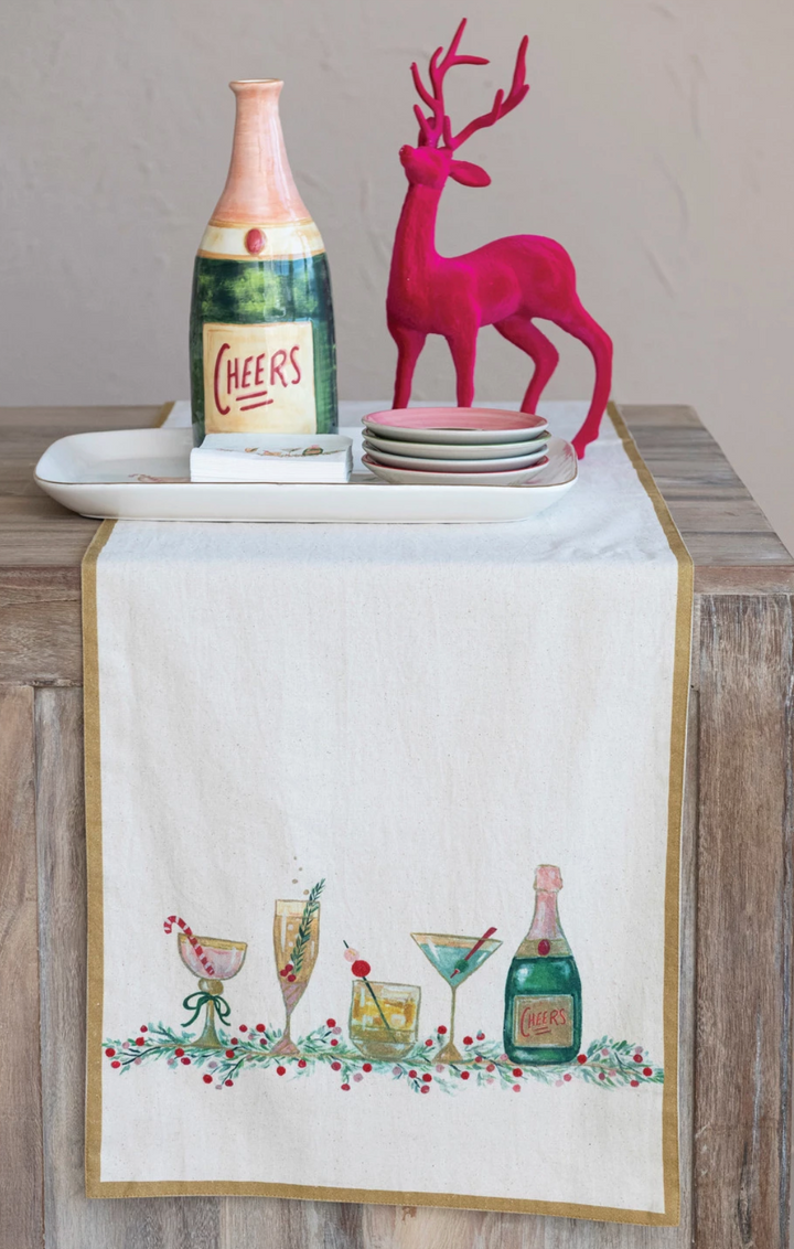 Cotton Printed Table Runner w/ Holiday Cocktails & Gold Trim