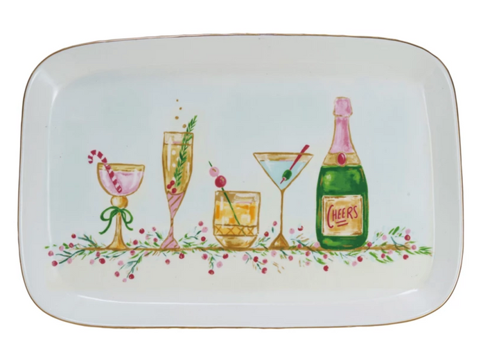 Stoneware Platter with Holiday Cocktails and Gold Trim