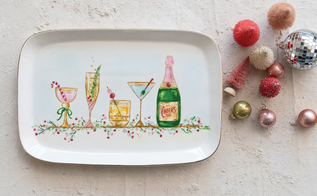 Stoneware Platter with Holiday Cocktails and Gold Trim