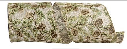 Pinecone Glitter Linen Wired Ribbon 4"x10yds