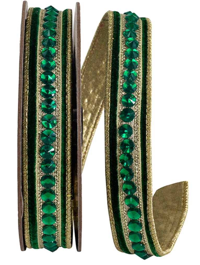 JEWELED CENTER PLUSH VELVET DELUXE METALLIC DUPIONI BACKED WIRED EDGE RIBBON