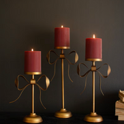 Antique Brass Pillar Candle Stands with Bow Detail