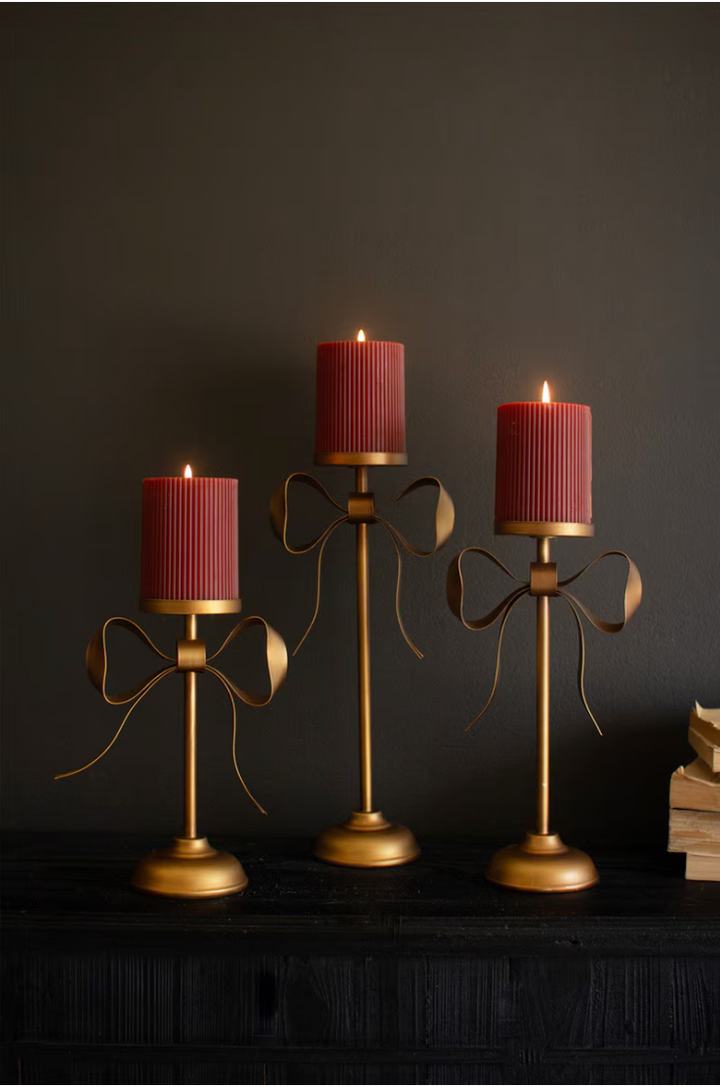 Antique Brass Pillar Candle Stands with Bow Detail