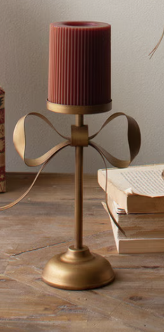 Antique Brass Pillar Candle Stands with Bow Detail