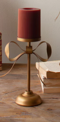 Antique Brass Pillar Candle Stands with Bow Detail