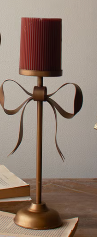 Antique Brass Pillar Candle Stands with Bow Detail