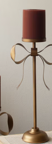Antique Brass Pillar Candle Stands with Bow Detail