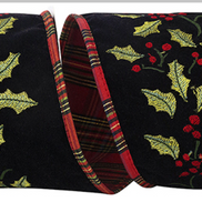 Holly Embroidered Velvet Plaid Back Wired Ribbon 4