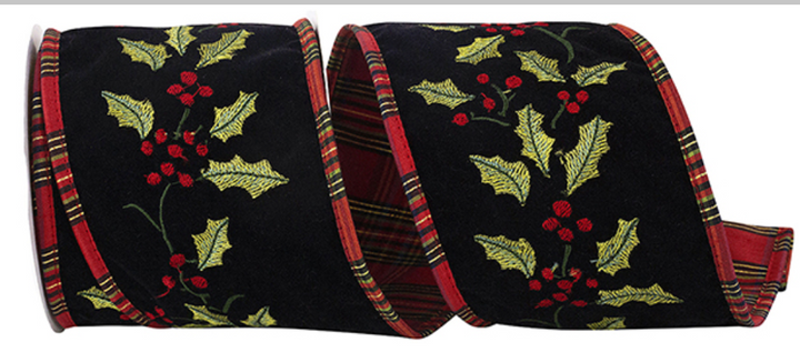 Holly Embroidered Velvet Plaid Back Wired Ribbon 4"x5yds
