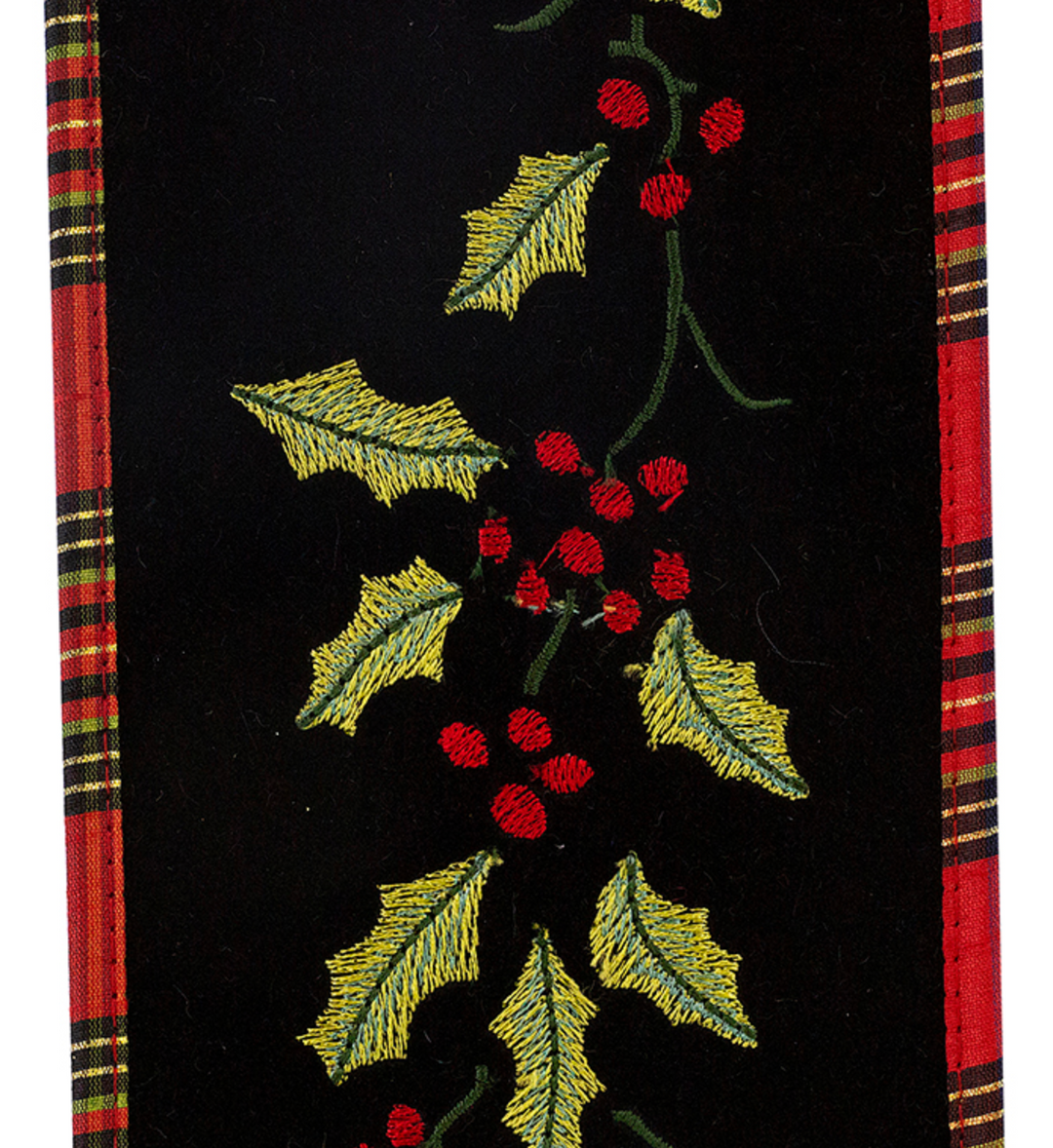 Holly Embroidered Velvet Plaid Back Wired Ribbon 4"x5yds
