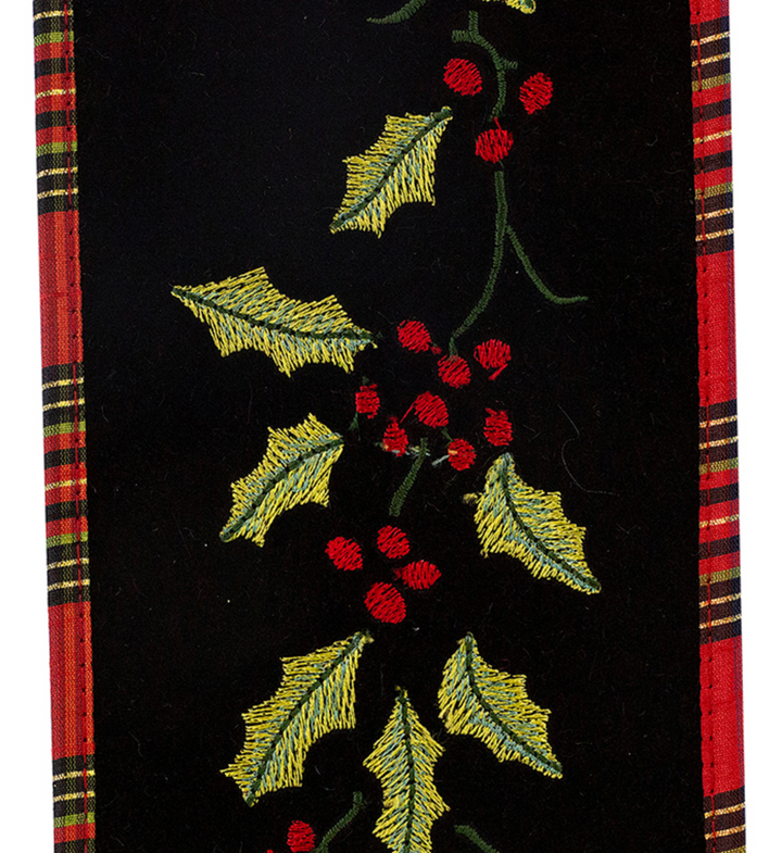 Holly Embroidered Velvet Plaid Back Wired Ribbon 4"x5yds