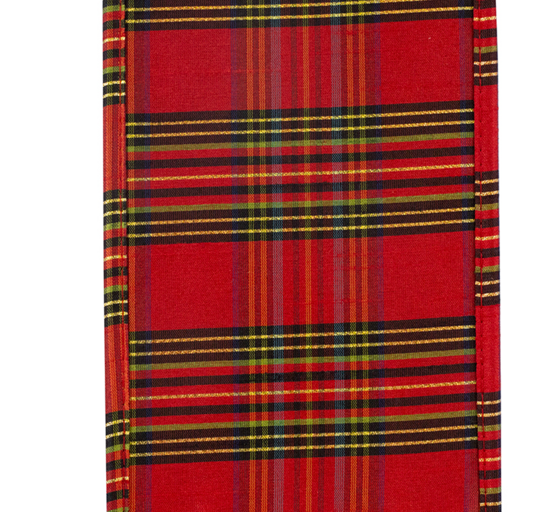 Holly Embroidered Velvet Plaid Back Wired Ribbon 4"x5yds