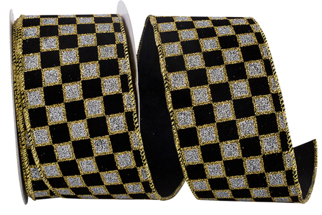 Velvet Glitter Checks Wired Ribbon 2-1/2