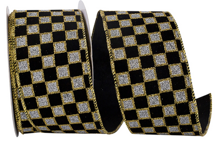 Velvet Glitter Checks Wired Ribbon 2-1/2"x10yds