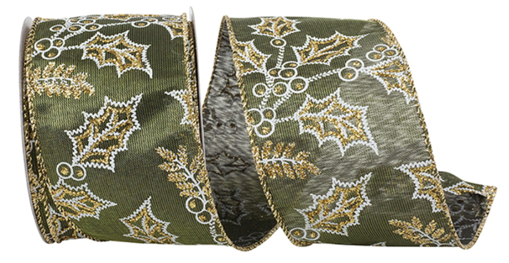 Holly Glitter Edge Satin Iridescent Wired Ribbon 2-1/2