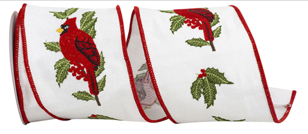 Cardinal Embroidery Linen Wired Ribbon 4
