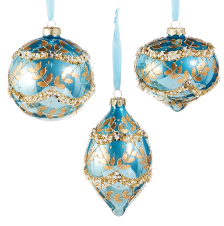 Iridescent Blue and Gold Leaf Glass Ornament