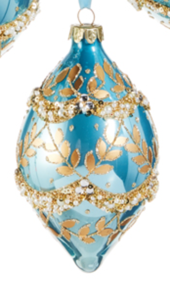 Iridescent Blue and Gold Leaf Glass Ornament