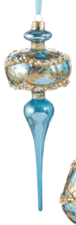 Iridescent Blue and Gold Leaf Finial Ornament