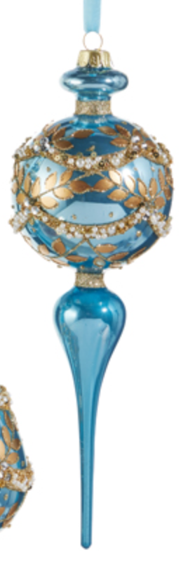 Iridescent Blue and Gold Leaf Finial Ornament