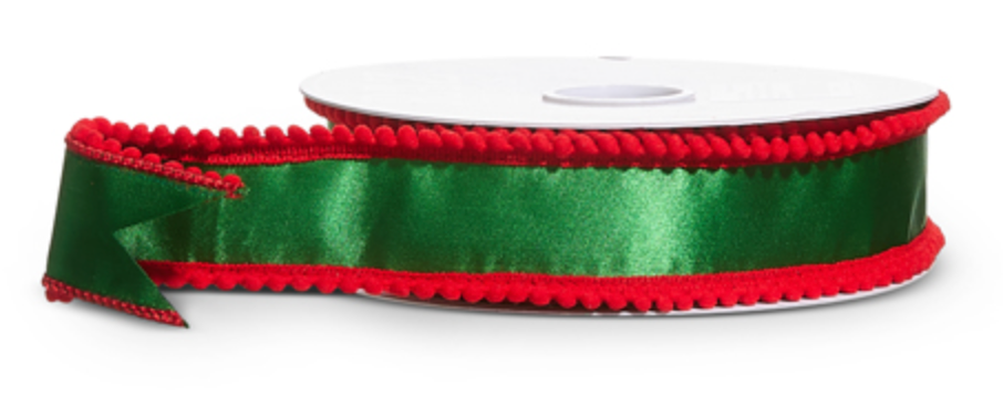 Green Satin with Red PomPom Ribbon 1.5