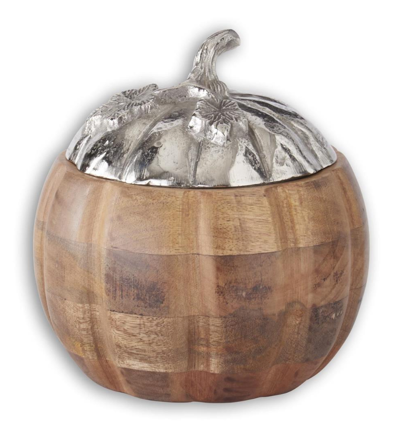 Wood Pumpkin Container with Silver Lid