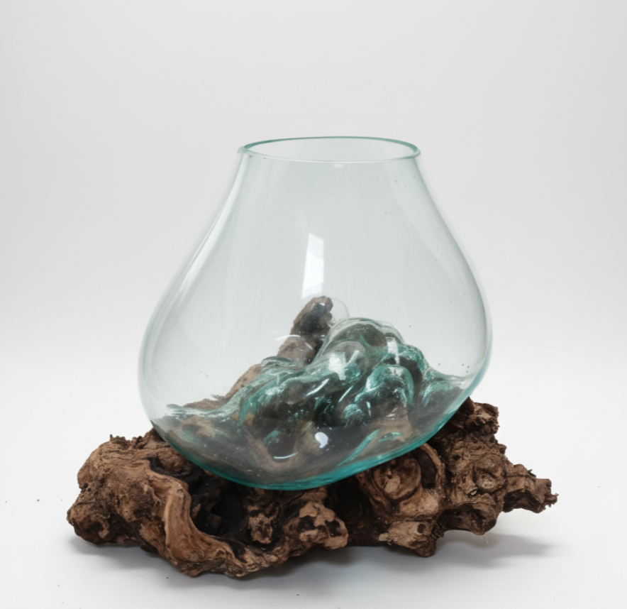 Hand Blown Glass Bowl on Teakroot Base