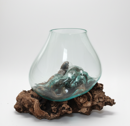 Hand Blown Glass Bowl on Teakroot Base