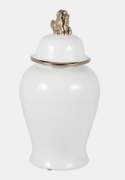 White & Gold Lion Head Temple Jar