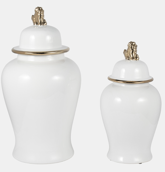 White & Gold Lion Head Temple Jar