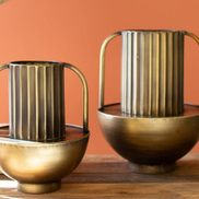 Antique Ribbed Brass Vase with Handles