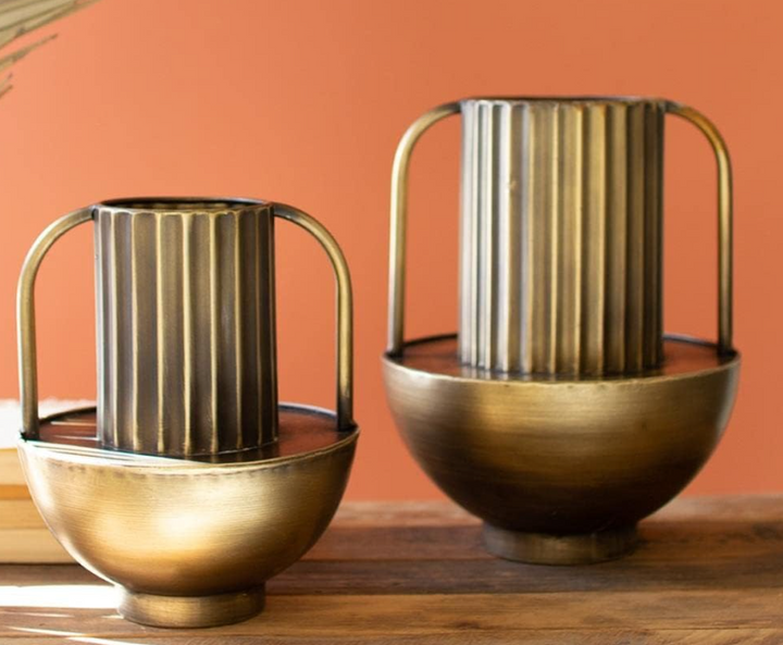 Antique Ribbed Brass Vase with Handles