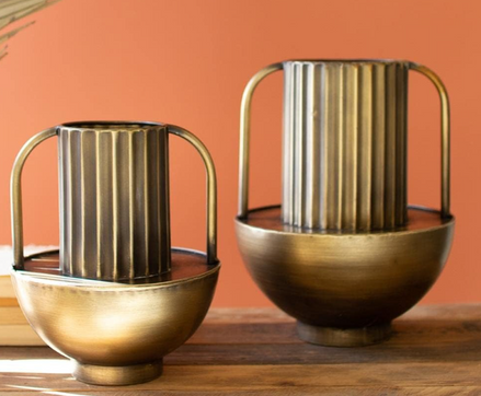 Antique Ribbed Brass Vase with Handles