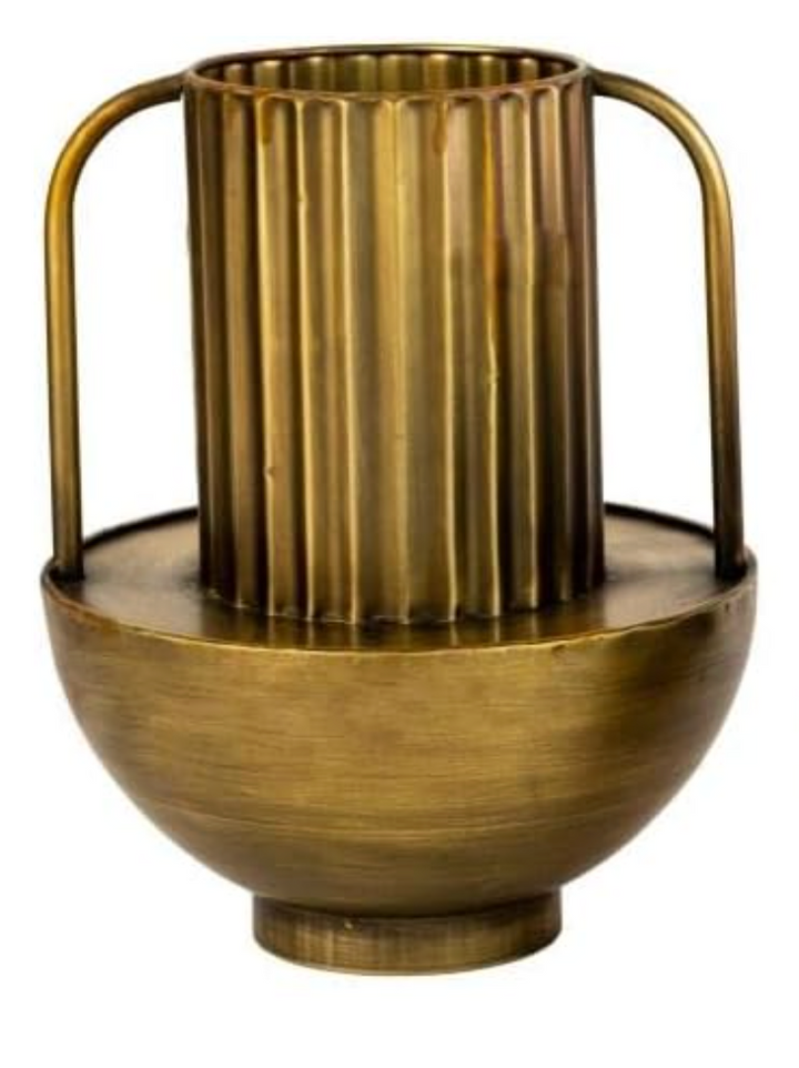 Antique Ribbed Brass Vase with Handles