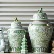 Jingdezhen Green with Flowers Hand Painted Temple Jar