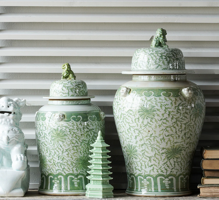 Jingdezhen Green with Flowers Hand Painted Temple Jar