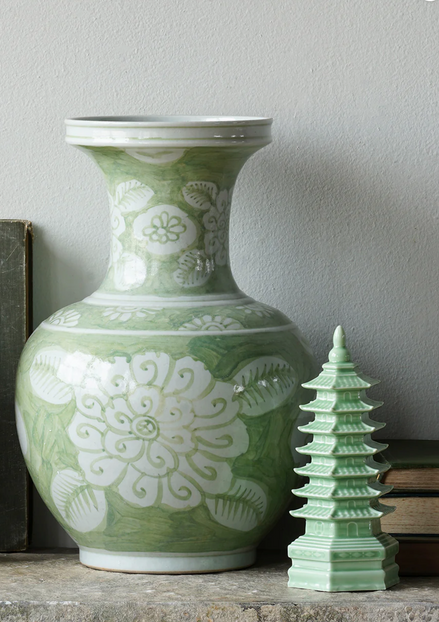 Jingdezhen Green with Flowers Hand Painted Vase