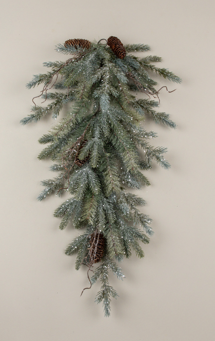 30" Glittered Pine & Twig Hanging Bush