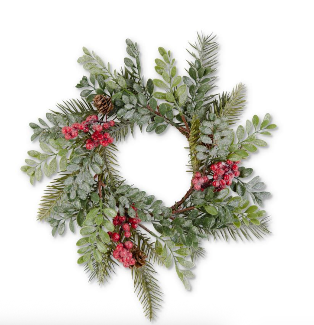 11" Glittered Boxwood Berry Pinecone Wreath