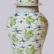 Flying Cranes Green and Blue Porcelain Temple Jar